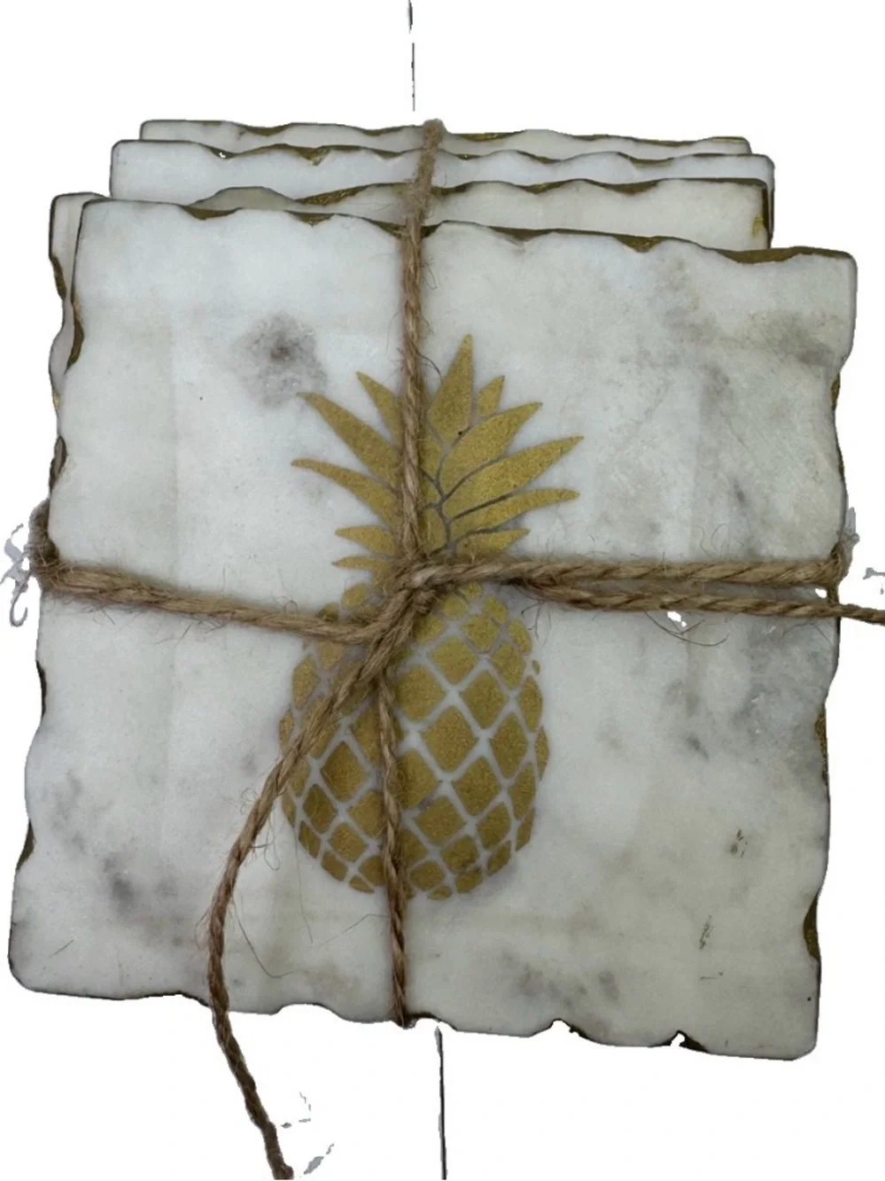 Set Of 4 White Marble Coasters Gold Foil Pineapple Inlay Gold Scalloped Edge New
